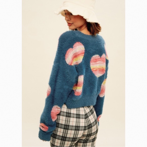 Just In// Fuzzy Heart Rainbow Sweater - Denim Blue - Picture 10 of 12